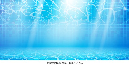 Blue summer water waves with reflections in swimming pool. Realistic poolside vector background with sunny underwater pattern, texture or template