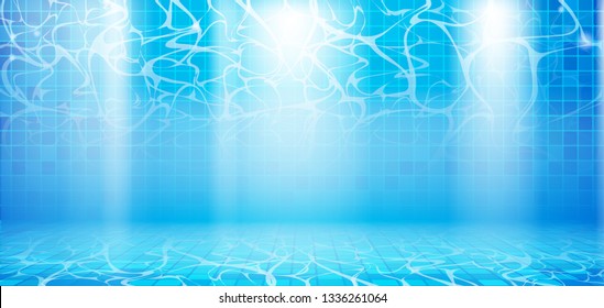 Blue summer water waves with reflections in swimming pool. Realistic poolside vector background with sunny underwater pattern, texture or template