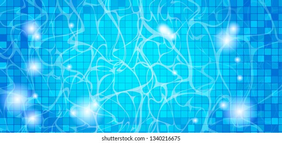 Blue summer water waves with reflections in swimming pool. Realistic poolside vector background with sunny underwater pattern, texture or template