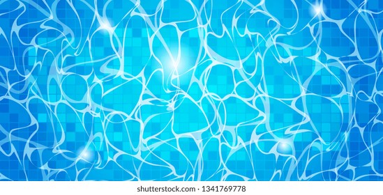 Blue summer water waves with reflections in swimming pool. Realistic poolside vector background with sunny underwater pattern, texture or template