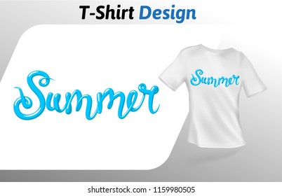 Blue summer word, t-shirt print. Colorful mock up t-shirt design template. Vector template, isolated on white background.