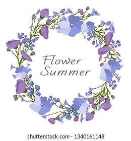 Blue summer wreath decor for postcard. A wreath of delicate cornflower herbs on a white background with delicate greenery for postcards and congratulations, for web design and printing