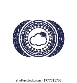 Blue sun behind cloud icon inside distressed rubber grunge stamp. 