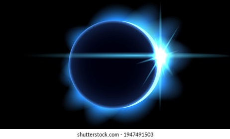 Blue sun eclipse with highlights and crown flame
