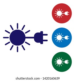 Blue Sun with electric plug icon isolated on white background. Energy saving concept. Set color icon in circle buttons. Vector Illustration
