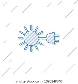 Blue Sun with electric plug line icon isolated on white background. Energy saving concept. Vector Illustration