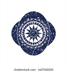 Blue sun icon inside grunge stamp