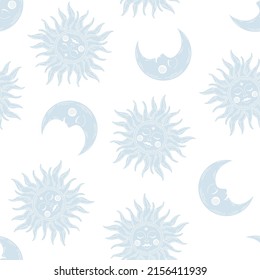 Blue sun and moon with white background seamless pattern.