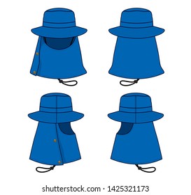 Blue Sun Protection Fishing Bucket Hat Vector For Template.Front, Back And Side Views.