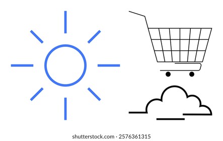 Blue sun symbol beside black shopping cart with cloud underneath. Vector art with thin lines and minimalistic style. Ideal for online shopping, weather forecast, e-commerce, environment, retail