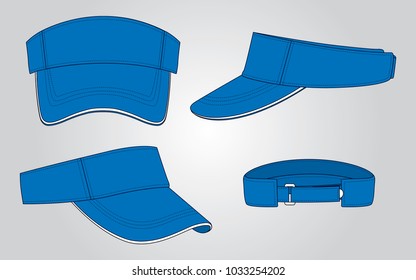Blue sun visor cap with sandwich and hook and loop strap back closure design on gray background, vector file.