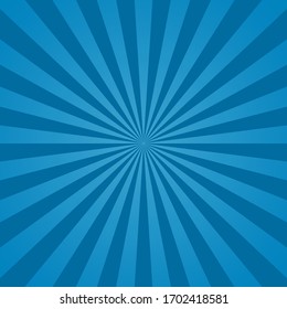 Blue sunburst background. Abstract texture with starburst. Blue sun rays background. Bright beams pattern. Gradient radial stripes. Light summer sky with sparkle for art. Retro style. Vector.