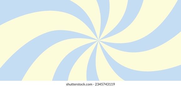 Blue sunburst background, retro sunshine and swirl pattern. Spiral design with wavy circle rays in yellow and orange. Flat vector illustration isolated