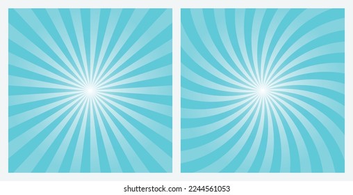 Blue sunburst background set. Aqua blue retro style radial and spiral sunbeam rays background, pattern, wallpaper. Vector Illustrations.