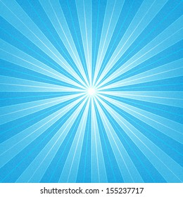 Blue sunburst blank background. Sunbeam with noise effect texture. Empty retro empty vintage abstract backdrop. Template swatch in square format. Vector illustration design element in 10 eps