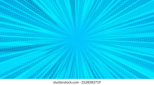 Blue Sunburst Pattern Background With Halftone. Rays. Radial. Abstract Summer Banner. Vector Illustration. Celebration Wallpaper. Digital