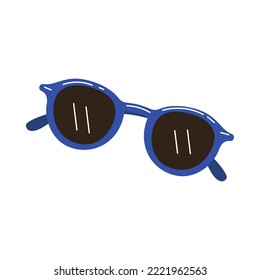 Blaue Sonnenbrille auf Sonnenbrand, Vektorgrafik. Sonnenschutz und Cartoon-Zeichnung von Sonnenbrillen auf weißem Hintergrund. Sommer, Urlaub, Gesundheit, Schutzkonzept