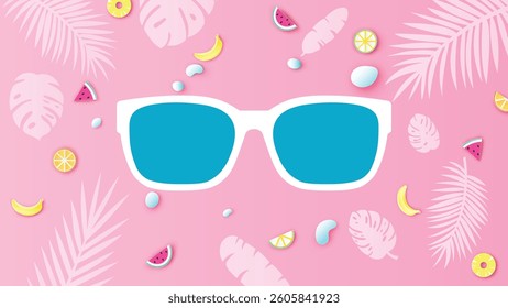 Blue sunglasses background decorated with watermelon, lemon, orange, pineapple, banana, monstera leaves and coconut leaves. paper cut and craft style. vector, illustration.