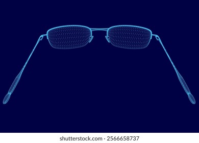 blue sunglasses with a blue background. The sunglasses are shown in a 3D format, giving the impression of a close up of the glasses