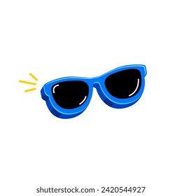 Blue sunglasses with black lens isolated on white background. Cartoon funny kids blue png summer sunglasses icon, label and sign. Cool hipster Sunglasses vector graphic illustration
