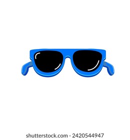 Blue sunglasses with black lens isolated on white background. Cartoon funny kids blue png summer sunglasses icon, label and sign. Cool hipster Sunglasses vector graphic illustration