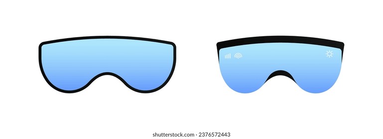 Blue sunglasses for snowboarding. Optical one piece lens accessory to protect eyes from sun with stylish lenses and plastic vector frames.