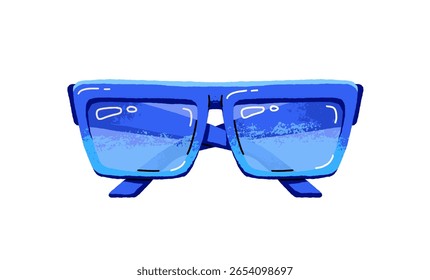 Blue sunglasses with square shapes of lenses. Fashion sun shades with geometric glasses. Stylish oversized eyeglasses. Trendy eyewear, summer accessory. Flat isolated vector illustration on white