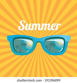 blue sunglasses with tropical island reflection on orange summer rays background. vector summer background