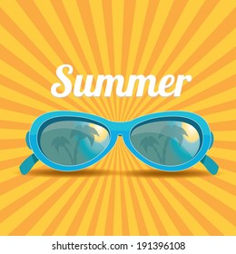 blue sunglasses with tropical island reflection on orange summer rays background. vector summer background
