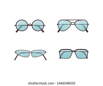 Blue sunglasses vector set. Spectacles plastic frame collection. Summer sun protection.