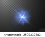 Blue sunlight glare effect with halo radiance vector realistic illustration. Shining light beam flare. Dazzling star flash, bright rays starlight with blur isolated on transparent background