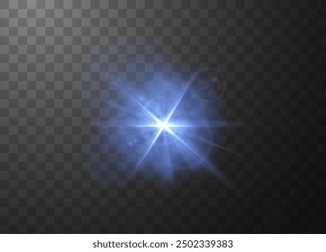 Blue sunlight glare effect with halo radiance vector realistic illustration. Shining light beam flare. Dazzling star flash, bright rays starlight with blur isolated on transparent background