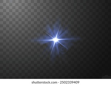 Blauer Sonnenlicht Blendung Effekt mit Halo-Strahlungs-Vektor realistische Illustration. Leuchtende Lichtstrahl-Fackel. Blinkender Sternenblitz, helle Strahlen, Sternenlicht einzeln auf transparentem Hintergrund