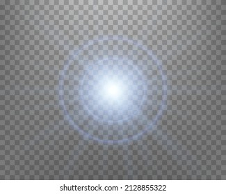 Blue sunlight lens flare, sun flash with rays and spotlight. Glowing burst explosion on a transparent background.  
Vector illustration.