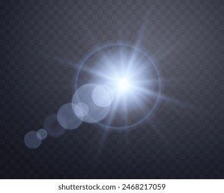 Blue sunlight lens flare, sun flash with rays and spotlight. Glowing burst explosion on a transparent background. Vector illustration.