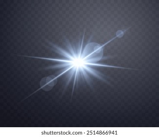 Blue sunlight lens flare, sun flash with rays and spotlight. Glowing burst explosion on a transparent background. Vector illustration.