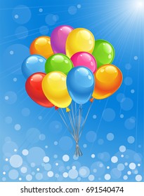 Blue sunny background with glossy colored balloons. Vector illustration.