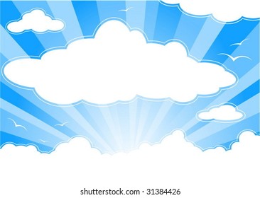 Blue sunny sky with clouds and sunbeams - vector
