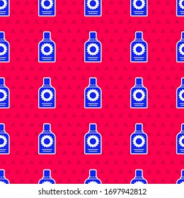 Icono del frasco azul de pulverización aislado sin fisuras sobre fondo rojo. Protección de la piel contra la luz solar ultravioleta. Ilustración vectorial