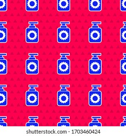 Icono del frasco azul de pulverización aislado sin fisuras sobre fondo rojo. Protección de la piel contra la luz solar ultravioleta. Ilustración vectorial