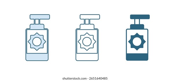 Icono azul de la botella del aerosol del protector solar aislado en el fondo blanco. Protección para la piel de la luz ultravioleta solar.  Vector