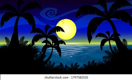 Blue Sunset Cartoon Flat Design. Vector Illustration Background