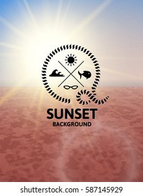 Blue sunset with vinous water sea surface, perspetive landscape in sunny fog, soft vibrant multicolored vector background illustration