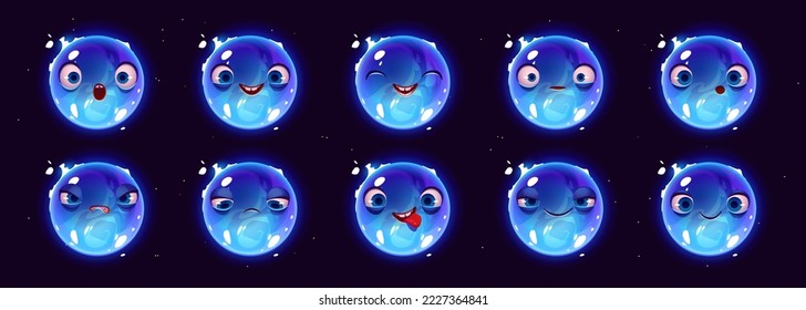 Blue supergiant star character with different facial expressions. Icons with emotions of funny alien planet in outer space. Water drop character isolated on black background, vector cartoon set
