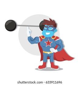 blue superhero easyly lifting weight