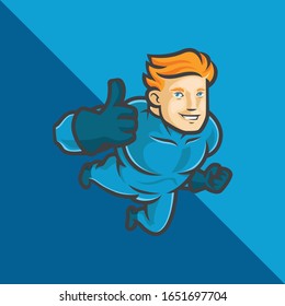 Superhéroe Azul Volando Haciendo Escalofríos. Ilustración vectorial. 