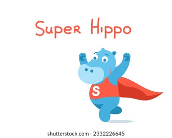 A blue superhero hippo in a red cape suit. Flat vector character illustration.