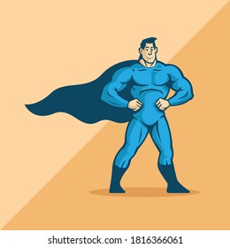 blauer Superheld. stehende Pose. Logo-Zeichen. Vektorgrafik