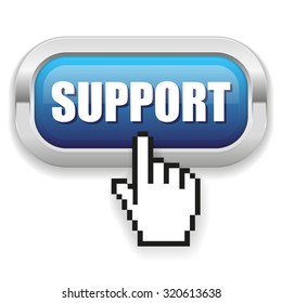 Blue support button with metal border on white background