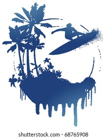 blue surf grunge scene with palms and surfer